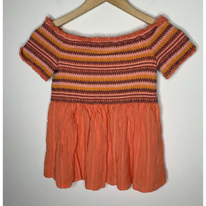 Coco+Jaimeson Womens Medium Top Smocked Cropped Peplum Ruffle Orange Multicolor